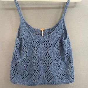 Free People Women's Small Blue Diamond Pointelle Knit Camisole Top Boho Cami